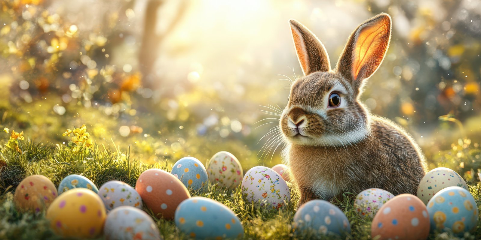 Bunny sits among colorful eggs in a sunlit meadow during springtime celebration